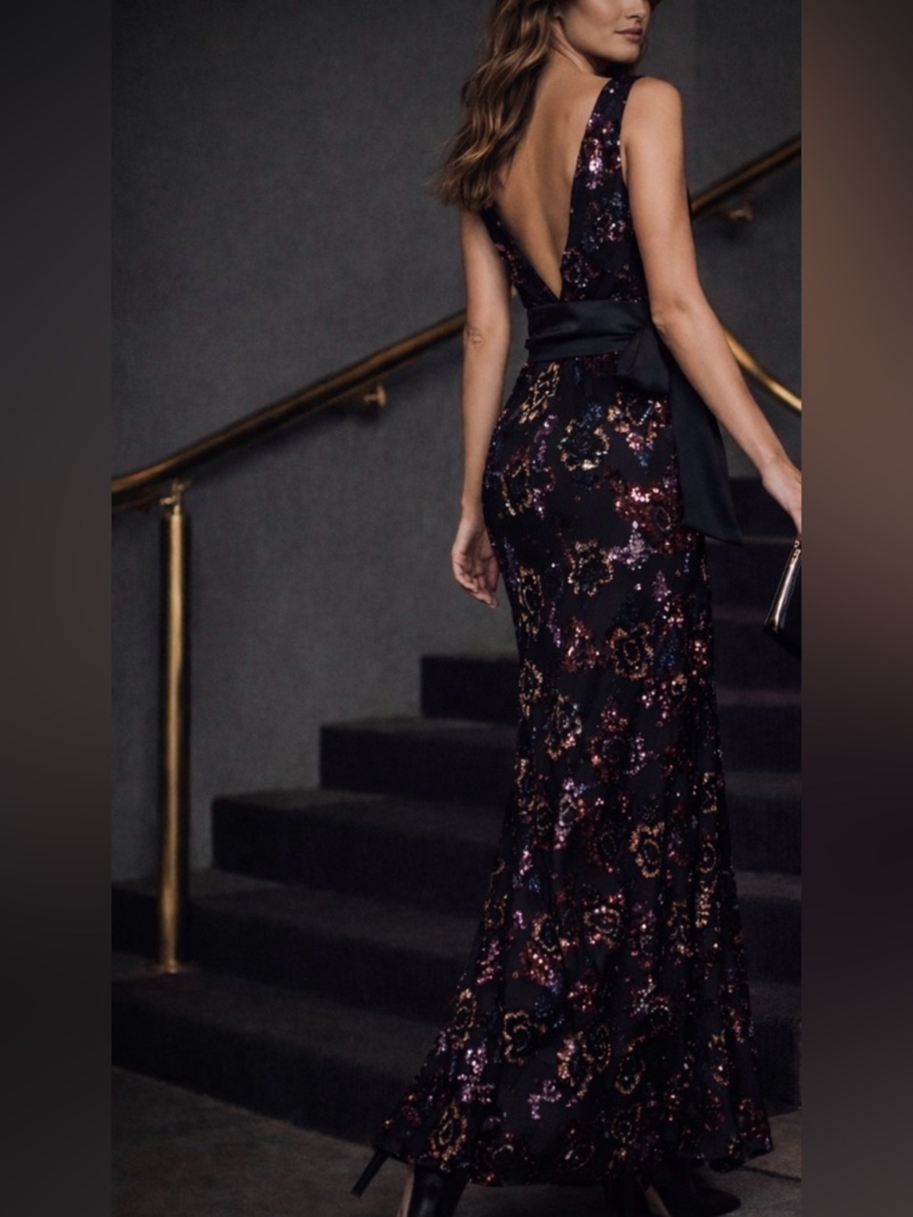 Embellishment Dark Floral Sequin Maxi Dress Satin Bow Waist V-Neck - Picture 9 of 9